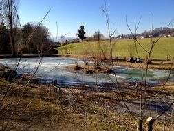 frozen lake amid a picturesque landscape in the commune of uetikon am see