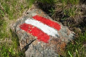 Red and White Mark on stone, hiking Trail sign, Austria