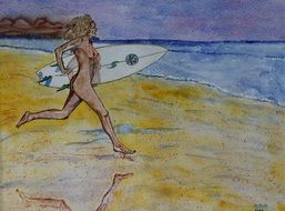 woman Surfer running on Sand Beach to Sea, illustration