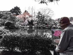 painter drawing Tokyo Spring Cherry Blossom