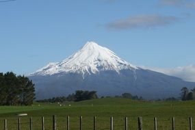 distant view of a snowy volcano in new zealand