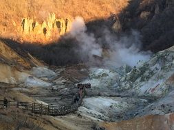 landscape of smoke near a volcano in japan