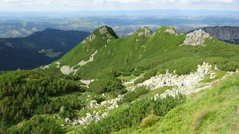panoramic view of the Tatras in green vegetation
