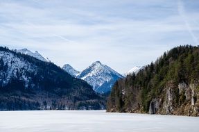 panorama of a winter lake on a background of mountains in Schwangau, Germany