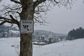 Skiing, warning sign on tree at winter landscape, Germany, Black Forest