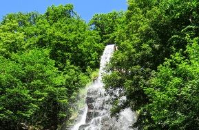 waterfall on a slope among green trees