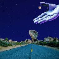 surreal picture of a highway with a lizard and a purple hand in the night sky