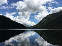 lake among the hills under white clouds