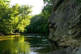 mountain forming along a forest river