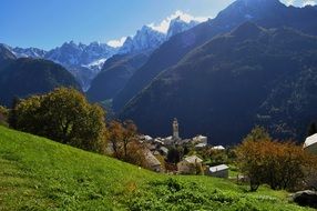 distant view of soglio village in switzerland