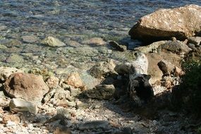 large stones and a log on the beach