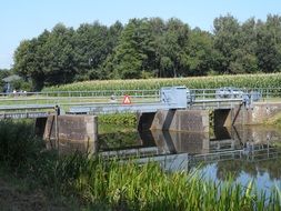 Beautiful dam on a river among the green trees in the Netherlands