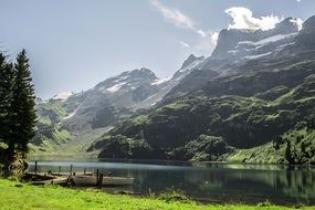 Mountains and lake on the landscape in Switzerland