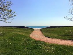 red footpath to blue Lake on Green meadow, usa, chicago