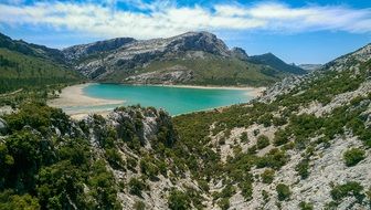 Landscape with forested mountains and turquoise water, spain, Mallorca