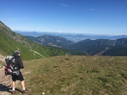 hiker on a green mountain top