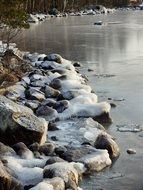 rocky coast of a frozen lake