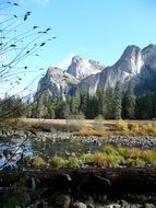 Beautiful mountains, colorful plants and water in Yosemite Park, California, USA