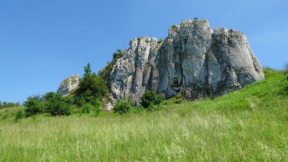 Beautiful limestone rocks on a green hill at blue sky background in Poland