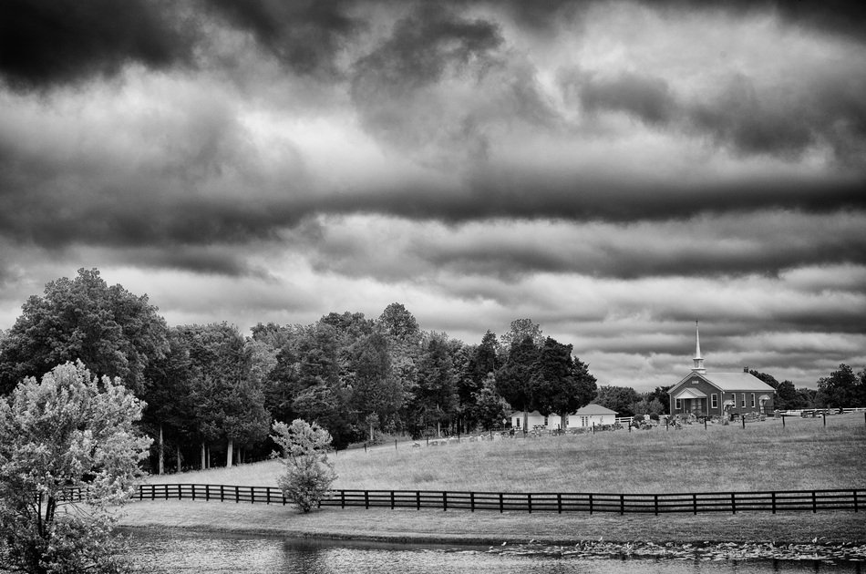 black and white picture of a rural church