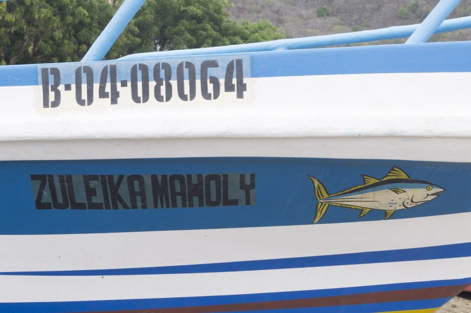 Blue and white fishermen boat in the Lopez port in Ecuador