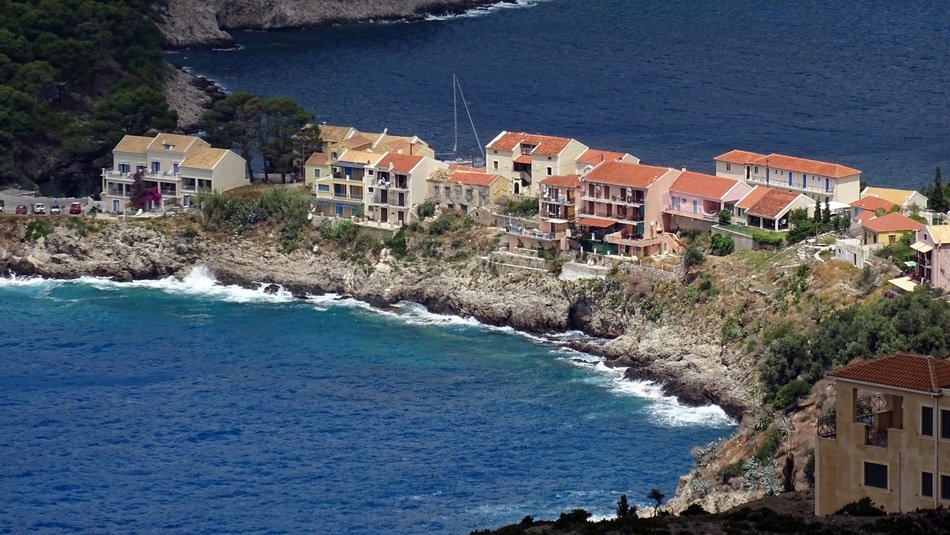 landscape of scenic dwelling on rocky coast at blue bay, Greece, Cephalonia