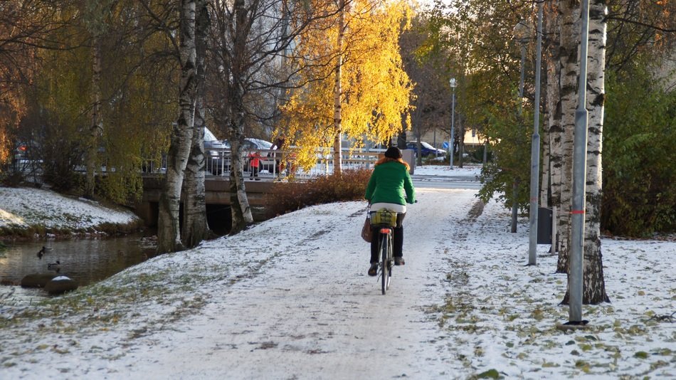 snow on the autumn street of finland