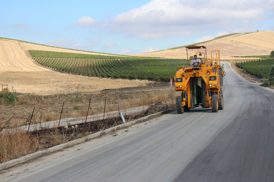 agricultural tractor on the road along the fields