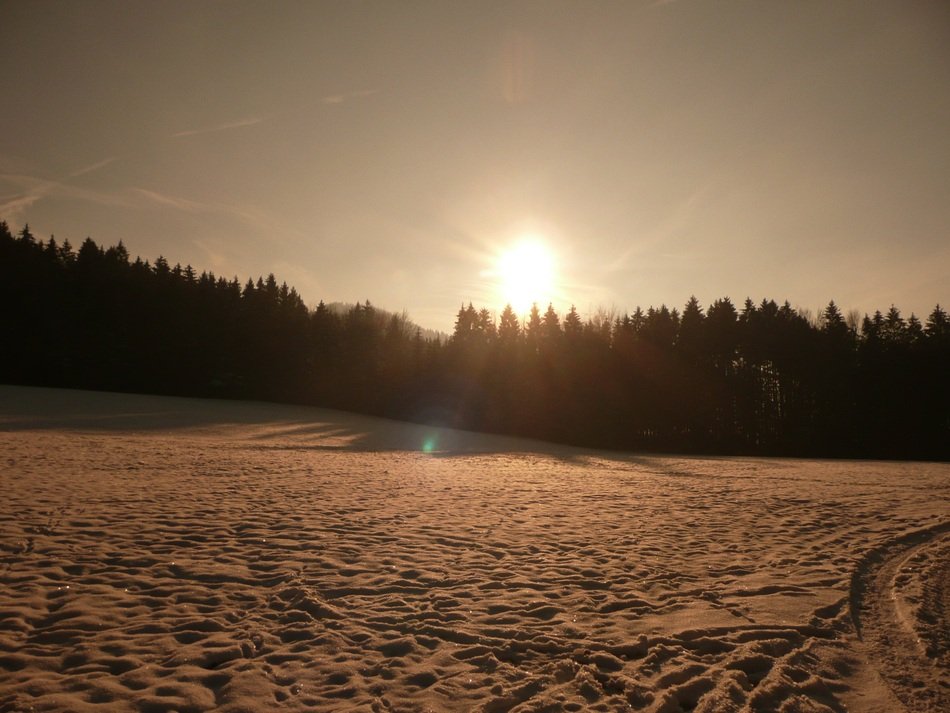 sunset over the field in the snow