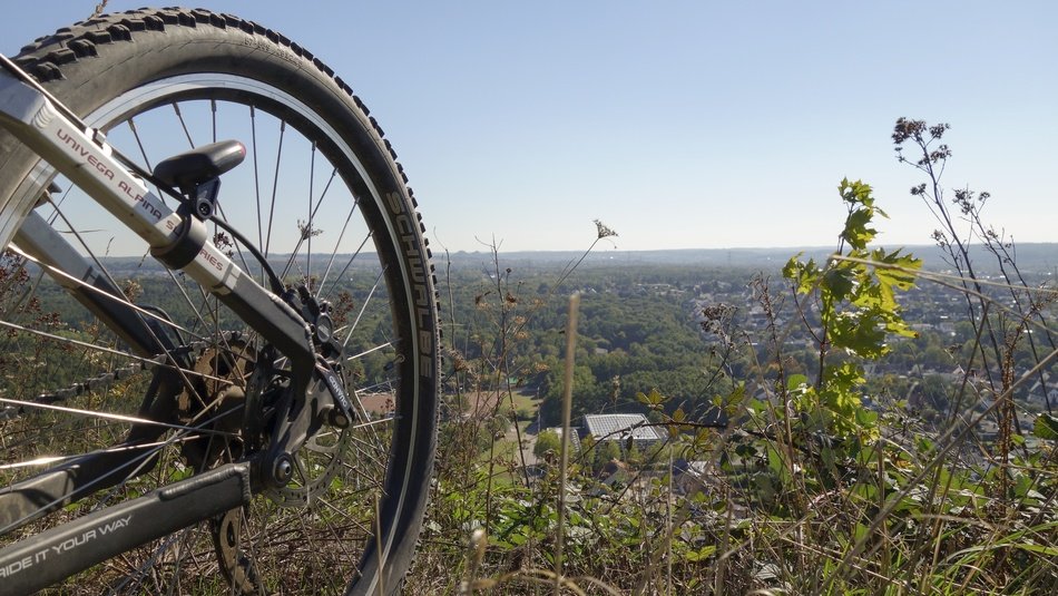 the bike's wheel and mountain landscape