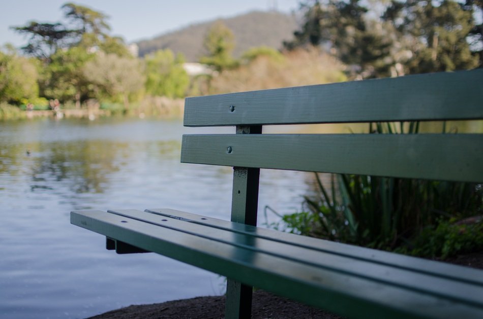 green bench near the lake