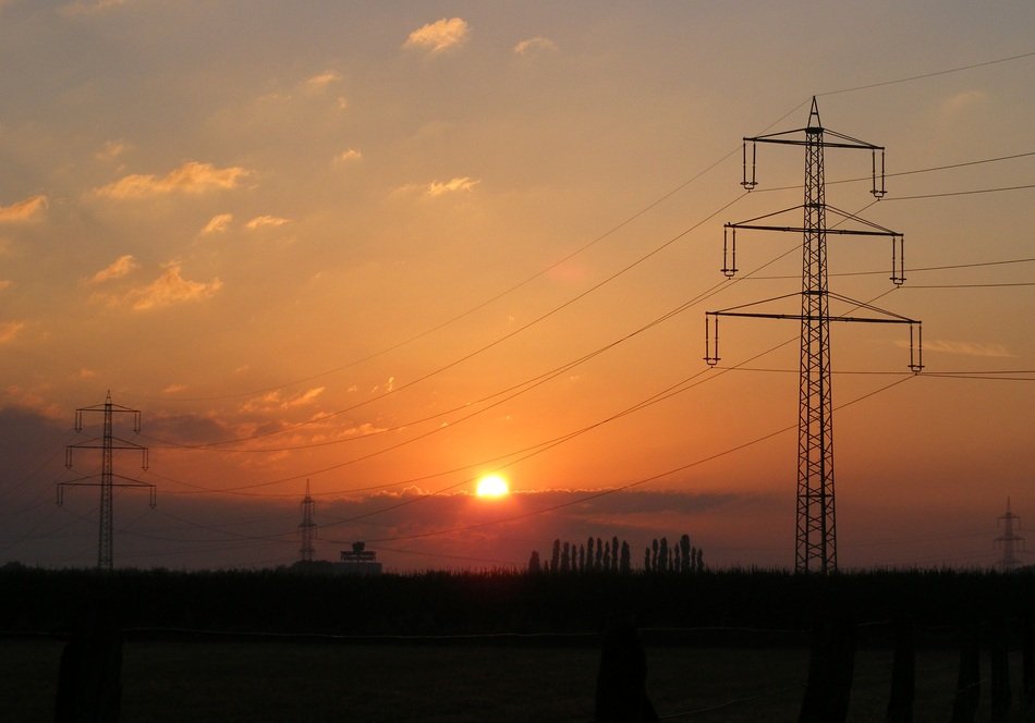 electric poles on the field at sunset background