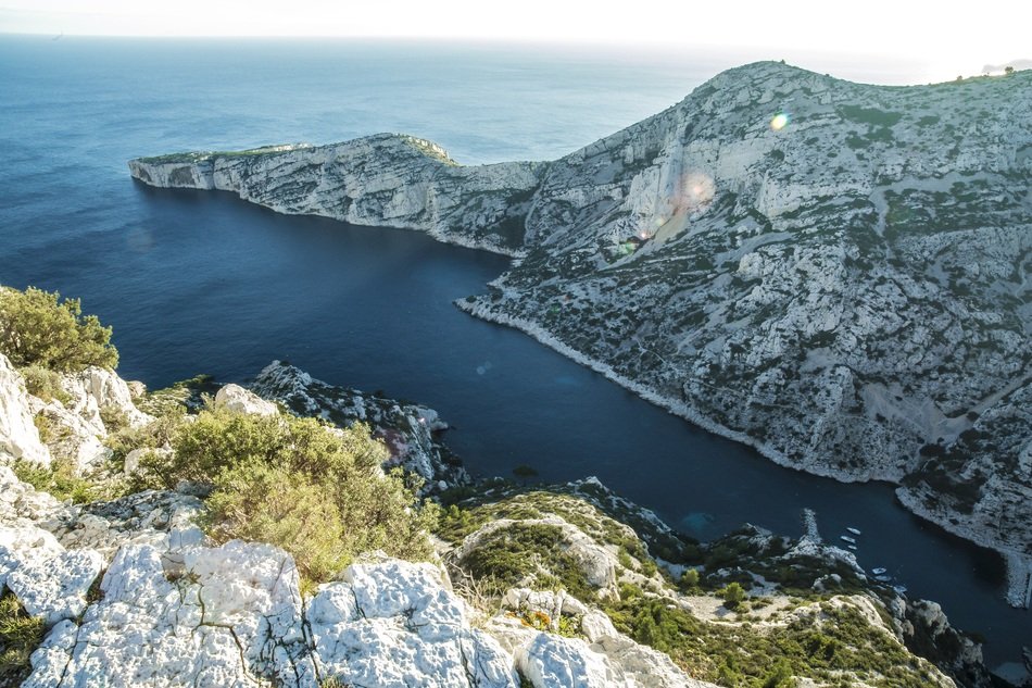 Beautiful panorama of a rocky harbor with plants on the Mediterranean in southern France