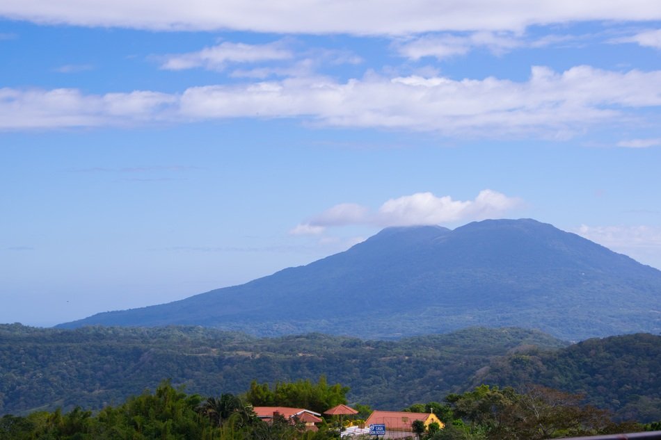 distant view of the village at the foot of the volcano