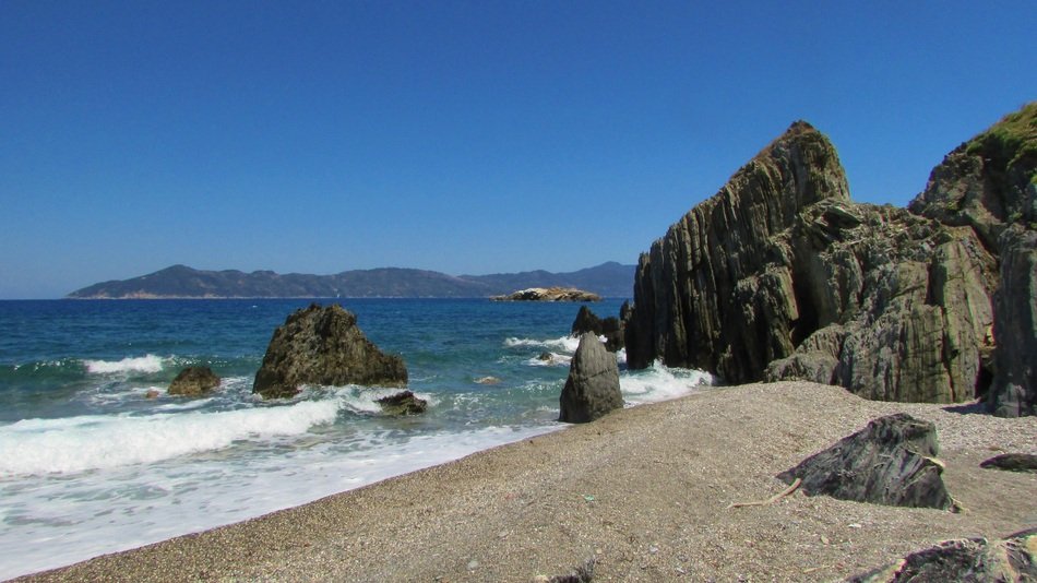 Rocks on beach at coastline, Greece, Skiathos