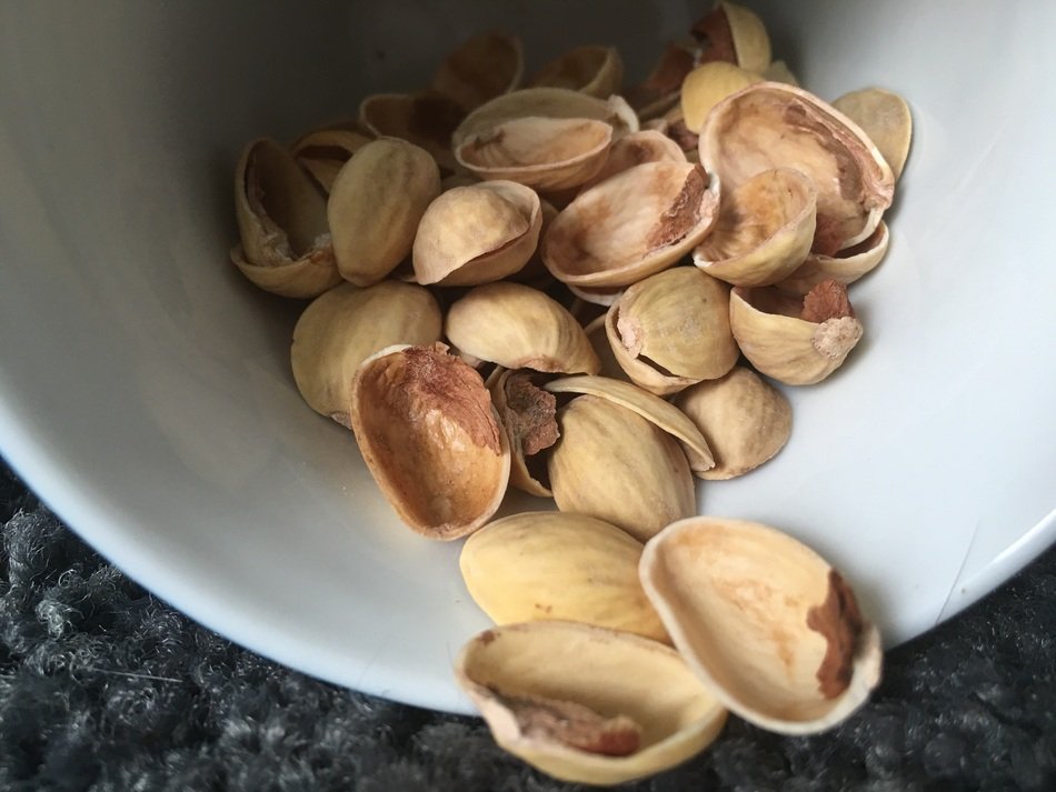 cracked shells of pistachios