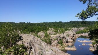 Scenery Potomac river streaming among forested cliffs, usa, Maryland