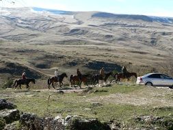 A few horse riders in mountain