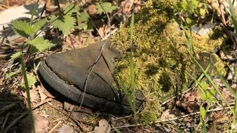 old lost shoes in the forest close up