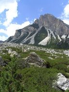 panoramic view of a mountain meadow at the foot of the Dolomites