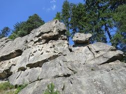 high rocks on the background of trees on a sunny day