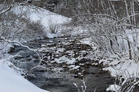 river among snowy shores in winter