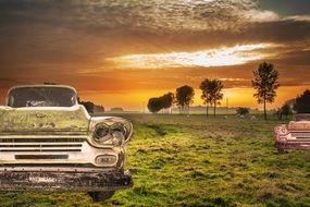 yellow Car in bright green Landscape picture