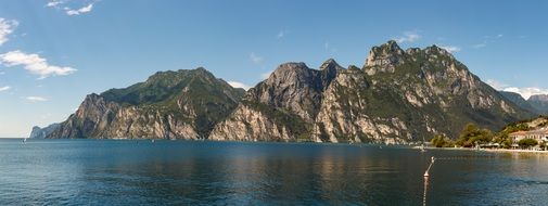 Panorama view of high mountains on a lake bank