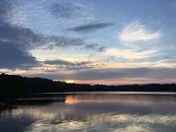 blue sky at sunset over a rural lake