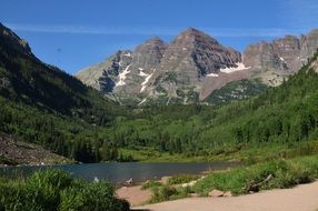 lake at the foot of the mountain with green trees