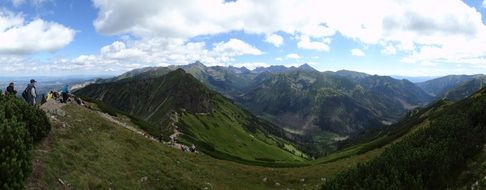 panorama of tourists on the trail in the high Tatras in poland
