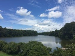 blue Lake with green forested coastline at summer