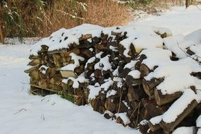 firewood in pile at snowy winter
