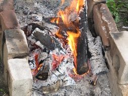 Burning woods in a fire